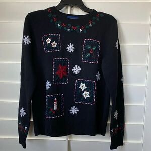 🎄CHARTER CLUB Black Embroidered Decoration Holiday/Christmas Sweater Sz M EUC!